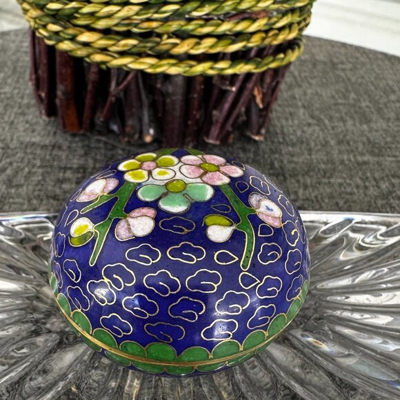 Cloisonne Cobalt Blue Floral Round Mini Trinket Jewelry Vintage Box - Picture 3 of 8